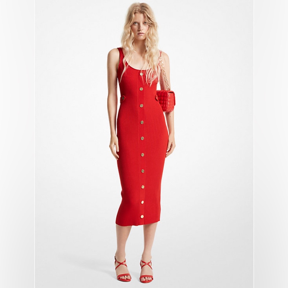 Michael Kors Sleeveless Red Dress with Gold Buttons